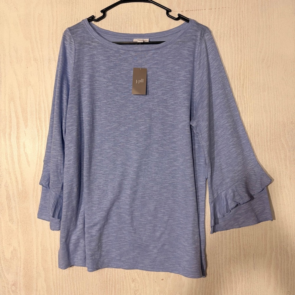 J. Jill Ruffle Bell Sleeve Top Women Medium Blue NWT Linen Blend Slub Knit